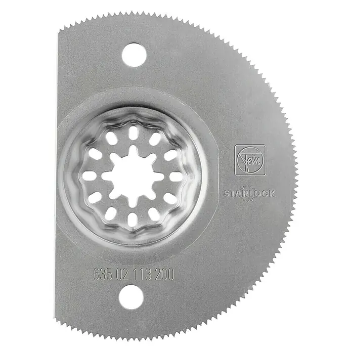 Fein Starlock Disco de sierra segmentado - Diámetro: 85 mm, HCS - Esta imagen muestra una hoja de sierra FEIN Starlock E-Cut, un accesorio de alta calidad para herramientas eléctricas oscilantes. Ideal para cortes precisos.