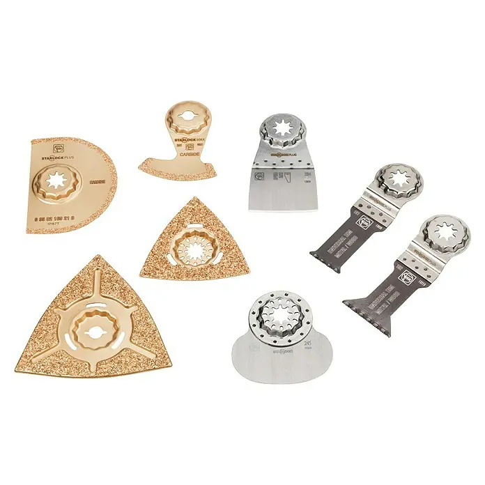 Fein Starlock Zubehör-Set Heizung/Sanitär - Fein STARLOCK-Max, 8 -tlg. - Bild von diversen Starlock-Oszillationswerkzeugen, darunter Sägeblätter und Schleifplatten, die sich durch ihre hohe Qualität und Vielseitigkeit auszeichnen.
