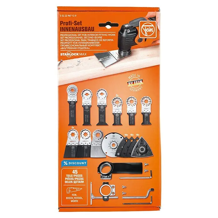 Fein Starlock Zubehör-Set - 45 -tlg. - Das Fein Profi-Set Innenausbau: Ein 45-teiliges Set für professionelle Innenausbauarbeiten mit Werkzeugen und Zubehör.