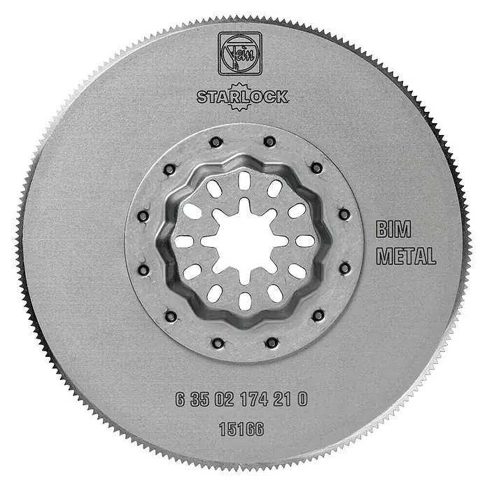 Fein Starlock Bi-Metall-Sägeblatt - Durchmesser: 85 mm, 1 Stk. - Das Bild zeigt ein FEIN Starlock BIM Metall Sägeblatt, ein robustes Werkzeug zum Schneiden von Metall mit hoher Präzision.