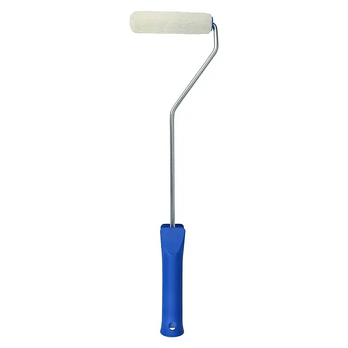 F18 Farbroller - Breite Rolle: 10 cm, Bügelstärke: 6 mm, Materialspezifizierung: Mohair - Ein isolierter Farbroller mit blauem Griff und weißem Rollkopf vor einem strahlend weißen Hintergrund für professionelles Malen.