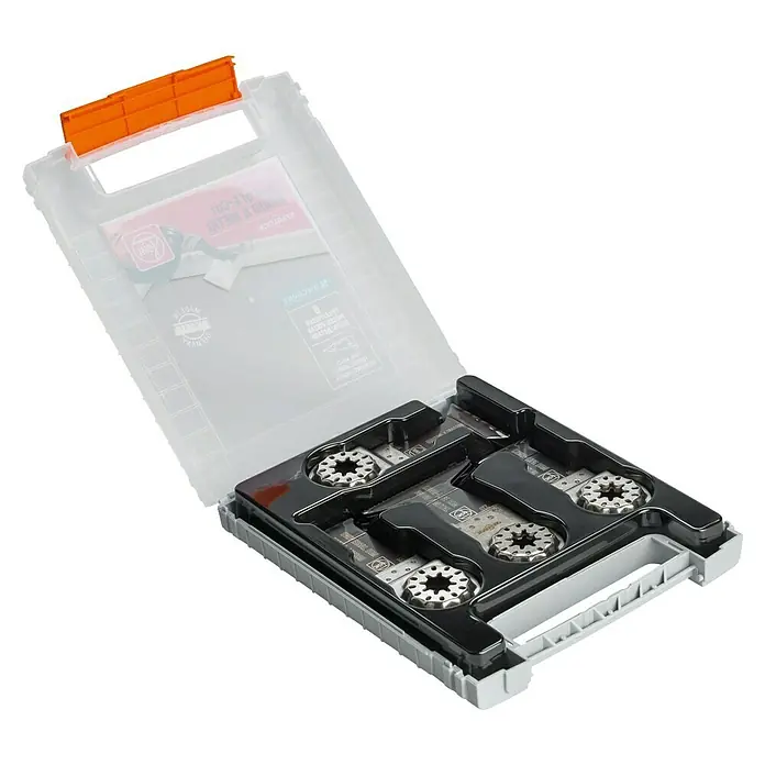 Fein Zubehör-Set Best of E-Cut Starlock Wood & Metal - 6 -tlg. - Bild eines geöffneten Hilti-Werkzeugkastens mit Metallsägeblättern, die ordentlich in schwarzen Fächern angeordnet sind.