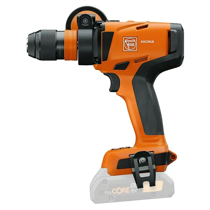Fein AMPShare 18V Akku-Bohrschrauber ASCM 18-4 QM AS - 18 V, Ohne Akku, Max. Drehmoment: 130 Nm - Bild einer Fein ASCM 18 Akku-Bohrmaschine in Orange und Schwarz, die Leistung und Präzision vereint. Ideal für professionelle Anwendungen.