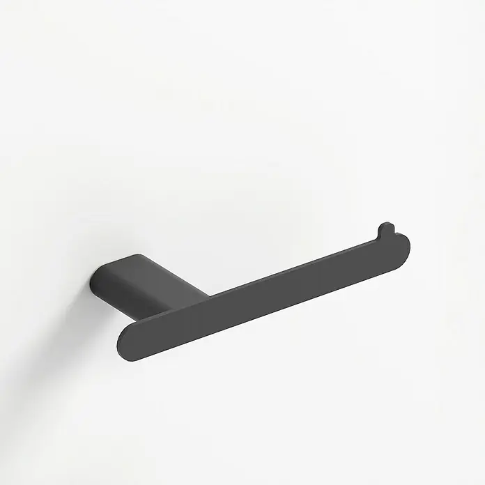 Camargue Mont Valier Portarrollos - Sin tapa, Negro - Portarrollos de papel higiénico negro de metal fijado a una pared blanca, mostrando un diseño de baño minimalista.
