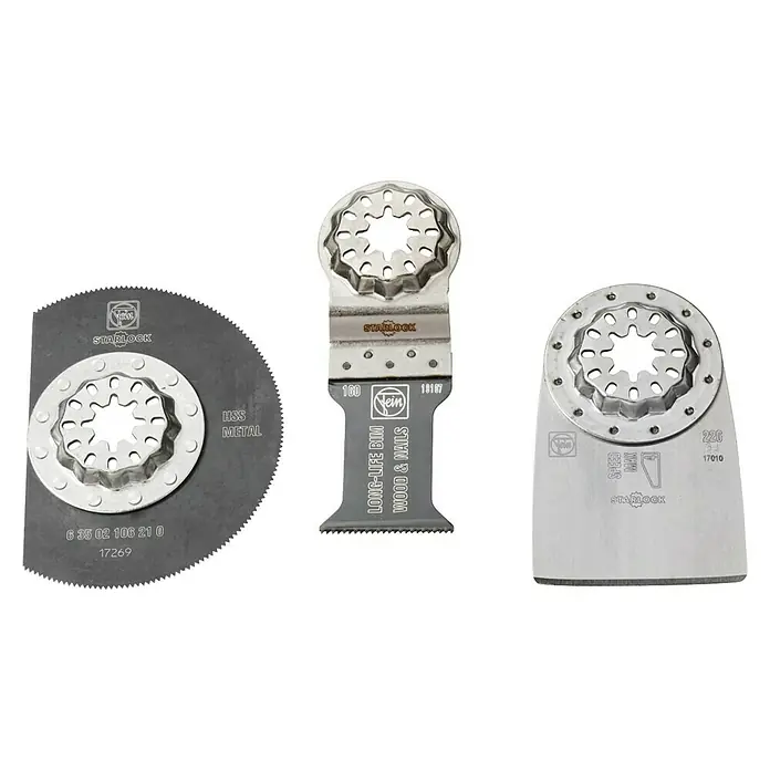Fein Zubehör-Set Combo Starlock Renovation - 3 -tlg. - Das Bild zeigt drei oszillierende Sägeblätter von Fein mit Starlock-Aufnahme, darunter ein HSS-Metallblatt und ein BIM-Holz/Nagel-Sägeblatt.