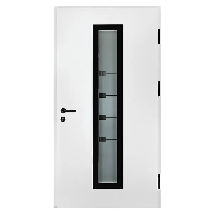 Splendoor Haustür Thermodoor PLUS SP80 Black Design - 110 x 210 cm, DIN Anschlag: Rechts, Verkehrsweiß/Tiefschwarz - Weisse Tür mit einem vertikalen, rechteckigen Glaseinsatz mit schwarzen Akzenten und einem schwarzen Griff und Schloss.