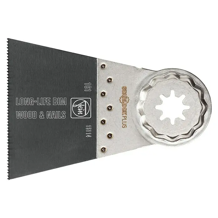 Fein Starlock Plus Sägeblatt Long-Life - 50 x 65 mm, 1 Stk. - Nahaufnahme eines Fein Starlock Plus Sägeblatts für Holz und Nägel, langlebig und präzise für vielfältige Anwendungen.