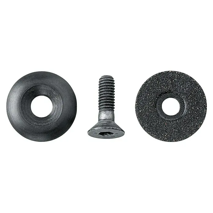 Fein Adapter-Set Upgrade Kit - 3 -tlg. - Nahaufnahme einer Schraube, einer Unterlegscheibe und einer Schleifscheibe, die die Details und die Textur der Komponenten hervorhebt.