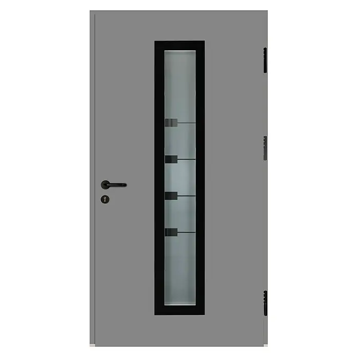 Splendoor Haustür Thermodoor PLUS SP80 Black Design - 110 x 210 cm, DIN Anschlag: Rechts, Verkehrsgrau/Tiefschwarz - Graue Tür mit einem vertikalen Glaseinsatz, umgeben von einem schwarzen Rahmen, mit Griff und Schloss.