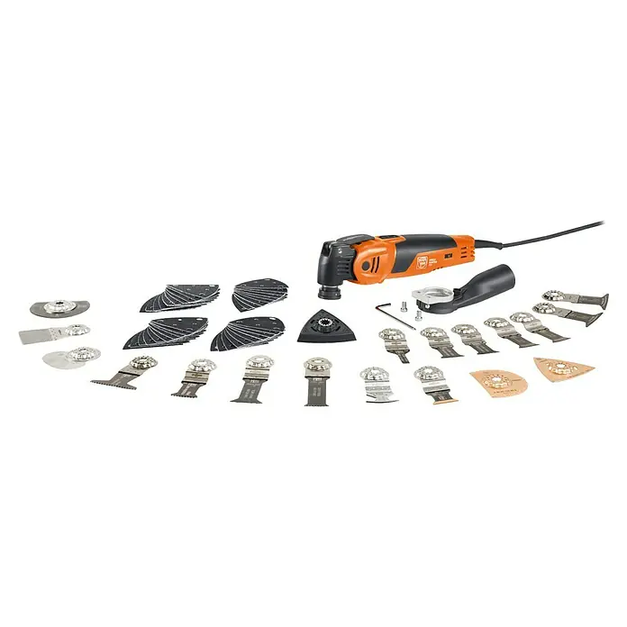 Fein MultiMaster Elektro-Multifunktionswerkzeug MULTIMASTER MM700 MAX TOP L-BOXX SET - 450 W, STARLOCK-Max-System - Bild eines FEIN Multimaster Werkzeugs mit viel Zubehör. Das Werkzeug ist orange und schwarz und kommt mit einer Reihe von Aufsätzen und Schleifblättern.