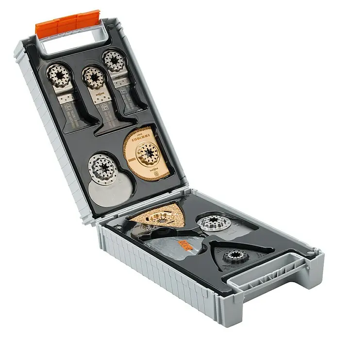 Fein Starlock Zubehör-Set Best of Starlock Renovation - 26 -tlg. - Bild eines offenen Sortimentskastens mit diversen oszillierenden Werkzeugklingen.