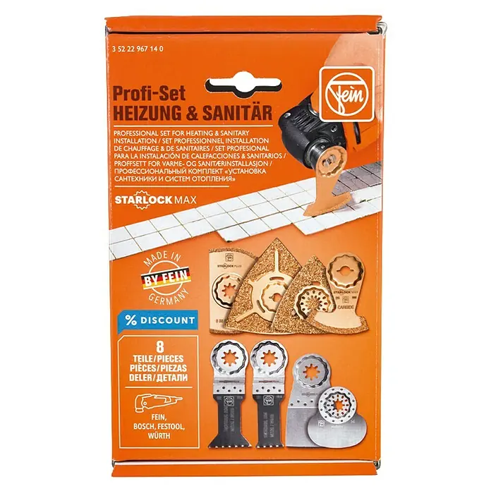 Fein Starlock Zubehör-Set Heizung/Sanitär - Fein STARLOCK-Max, 8 -tlg. - Fein Profi-Set Heizung & Sanitär: 8-teiliges Set für Heizungs- und Sanitärinstallationen mit Starlock Max Aufnahme.