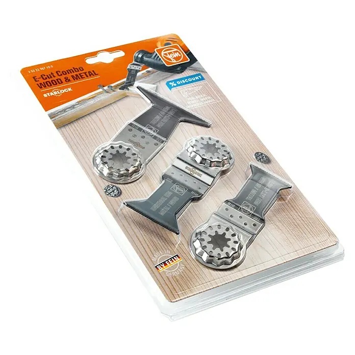Fein Zubehör-Set E-Cut Combo Starlock Wood & Metal - 3 -tlg. - Das Bild zeigt eine Fein E-Cut Combo Packung mit verschiedenen Sägeblättern für Holz und Metall, die für Starlock-Werkzeuge geeignet sind.