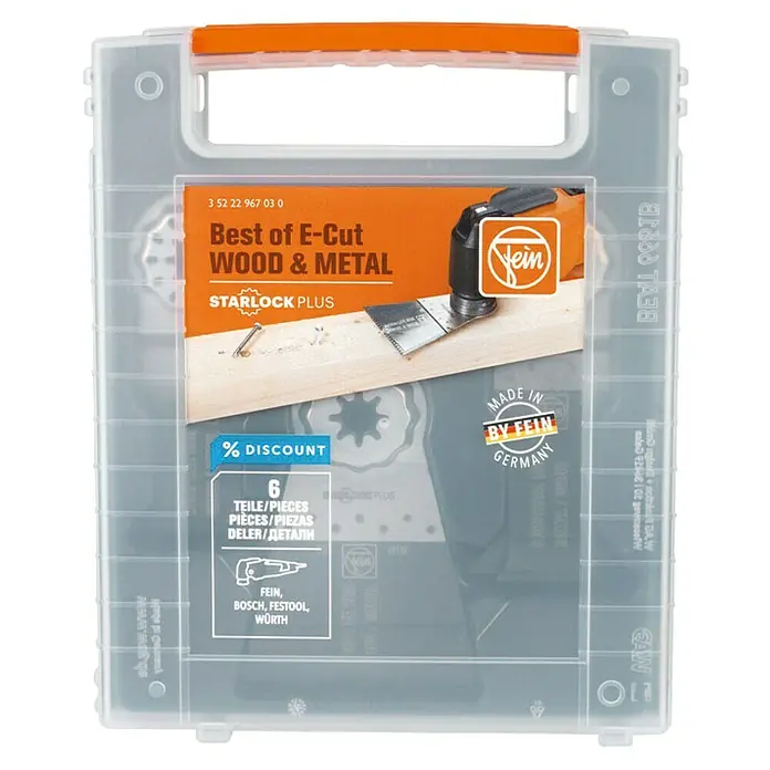 Fein Starlock Zubehör-Set Best of E-Cut Starlock Plus Wood & Metal - 6 -tlg. - Fein Best of E-Cut Holzsägeblätter-Set für oszillierende Werkzeuge zum Schneiden von Holz und Metall mit Starlock Plus Aufnahme.