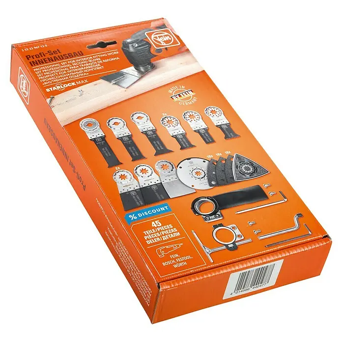 Fein Starlock Zubehör-Set - 45 -tlg. - Fein Profi-Set Innenausbau: Ein 45-teiliges Set für professionelle Innenausbauarbeiten mit Starlock Max Aufnahme für oszillierende Elektrowerkzeuge.