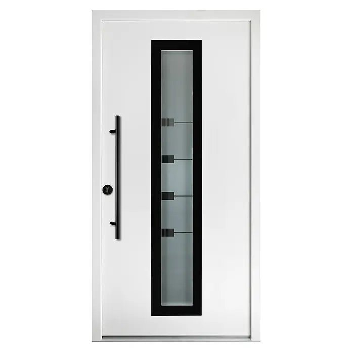 Splendoor Haustür Thermodoor PLUS SP80 Black Design - 110 x 210 cm, DIN Anschlag: Links, Verkehrsweiß/Tiefschwarz - Moderne Haustür in Weiß mit schwarzem Rahmen und senkrechtem Glaseinsatz mit Griffstange.