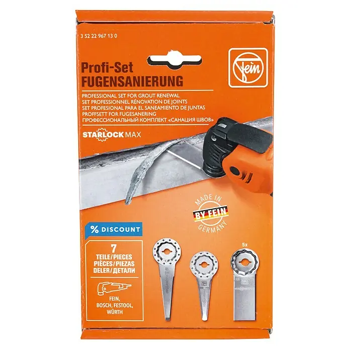 Fein Starlock Zubehör-Set Fugensanierung - Fein STARLOCK-Max, 7 -tlg. - FEIN Profi-Set Fugensanierung, ein professionelles Set zur Erneuerung von Fugen mit Starlock Max Aufnahme und Zubehör.