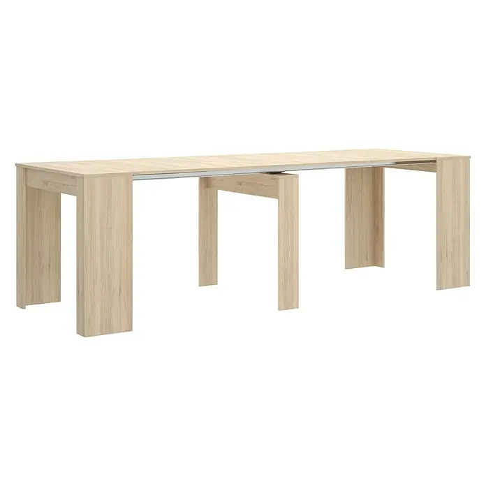 Dekit Mesa de comedor Kiona - L x An x Al: 90 x 239 x 77 cm, Natural, Extensible - Se muestra una mesa de comedor luminosa y extensible con cuatro patas, perfecta para grandes cenas familiares y reuniones.