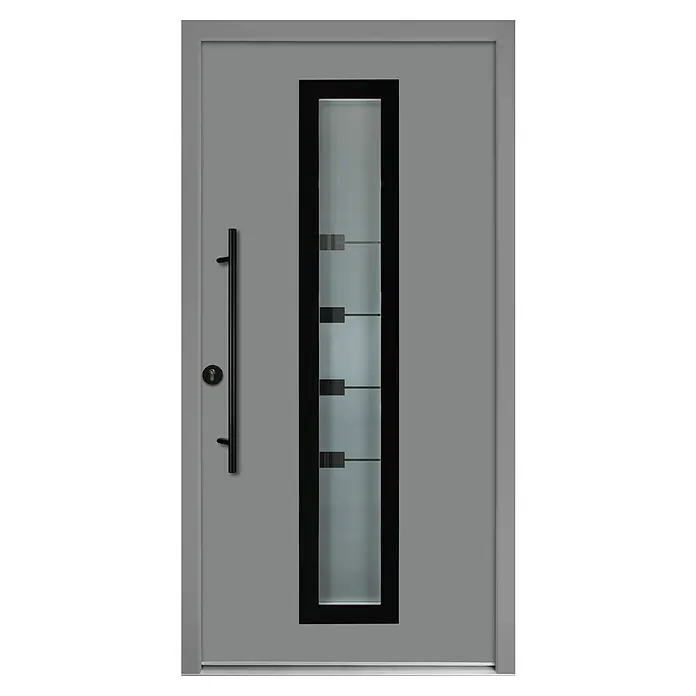 Splendoor Haustür Thermodoor PLUS SP80 Black Design - 110 x 210 cm, DIN Anschlag: Links, Verkehrsgrau/Tiefschwarz - Moderne Haustür in Grau mit senkrechtem Glaseinsatz und schwarzem Rahmen. Der Türgriff ist schlicht und lang gestaltet.