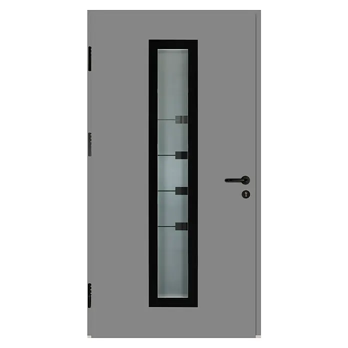 Splendoor Haustür Thermodoor PLUS SP80 Black Design - 110 x 210 cm, DIN Anschlag: Links, Verkehrsgrau/Tiefschwarz - Graue Tür mit schwarzem Fensterrahmen und Griff. Die Tür ist schlicht und modern gestaltet, ideal für ein zeitgemäßes Zuhause.