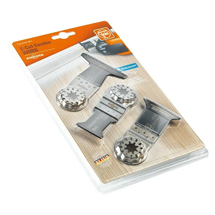 Fein Starlock Zubehör-Set E-Cut Combo Starlock Wood - 3 Stk., 3 -tlg. - Fein E-Cut Combo WOOD Sägeblätter-Set. Enthält verschiedene Sägeblätter für Holzarbeiten mit StarLock-Aufnahme für oszillierende Werkzeuge.