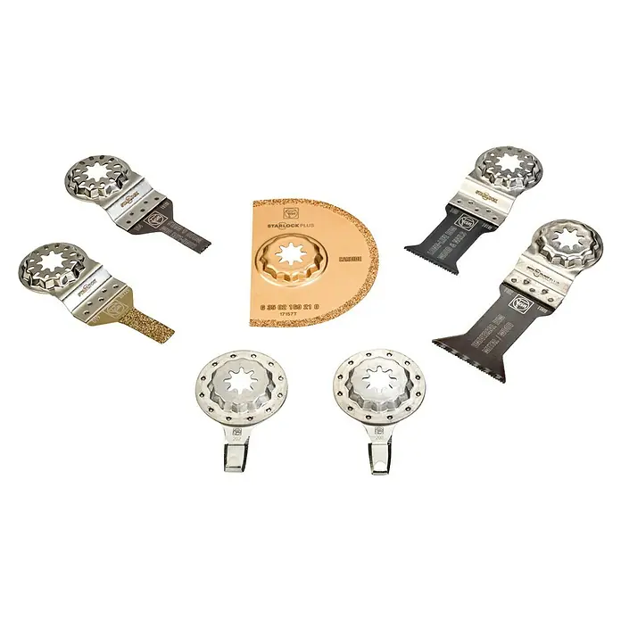 Fein Starlock Plus Zubehör-Set Marine - 7 -tlg. - Sortiment an oszillierenden Sägeblättern von Fein, geeignet für verschiedene Materialien wie Holz, Metall und Fliesen.