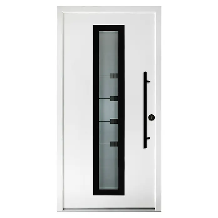 Splendoor Haustür Thermodoor PLUS SP80 Black Design - 110 x 210 cm, DIN Anschlag: Rechts, Verkehrsweiß/Tiefschwarz - Elegante weiße Haustür mit schmalem, senkrechtem Glaseinsatz und einem stilvollen, langen, schwarzen Türgriff.