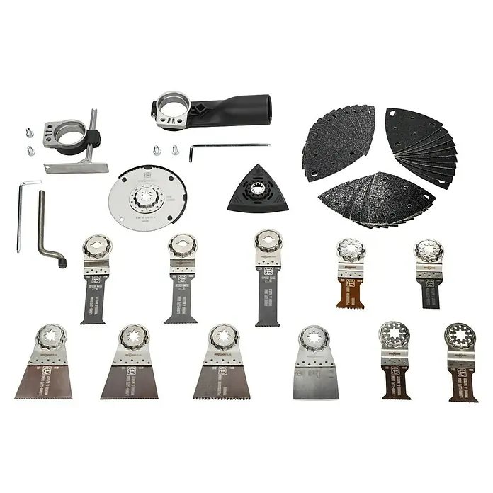 Fein Starlock Zubehör-Set - 45 -tlg. - Oszillierende Multifunktionswerkzeuge: Vielseitiges Set mit Klingen, Schleifpads und Zubehör für präzise Schnitte und Schleifarbeiten.