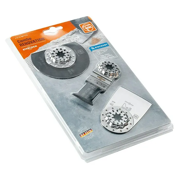 Fein Zubehör-Set Combo Starlock Renovation - 3 -tlg. - Das Fein Combo Renovations-Set mit Starlock-Aufnahme, ideal für Renovierungsarbeiten. Hochwertige Werkzeuge für vielfältige Anwendungen.