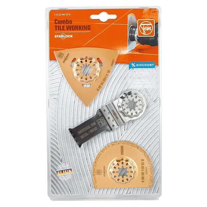 Fein Starlock Zubehör-Set Combo Starlock Tileworking - 3 -tlg. - Das Bild zeigt eine Fein Combo-Klingenpackung für Fliesenarbeiten mit Starlock-Aufnahme, inklusive Universal BIM Sägeblatt für Metall/Holz.