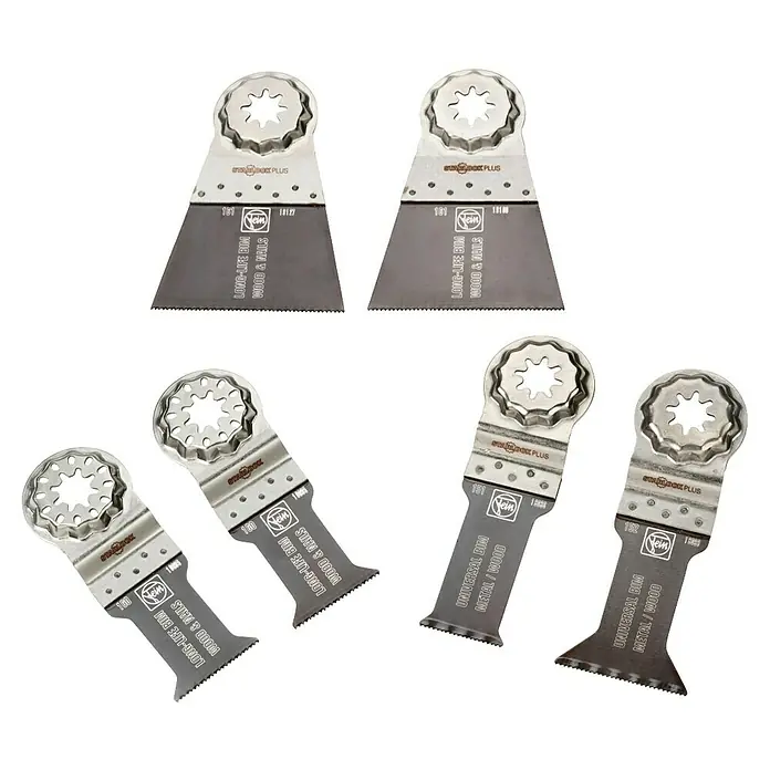Fein Starlock Zubehör-Set Best of E-Cut Starlock Plus Wood & Metal - 6 -tlg. - Das Bild zeigt eine Auswahl von oszillierenden Sägeblättern, die für verschiedene Materialien geeignet sind.