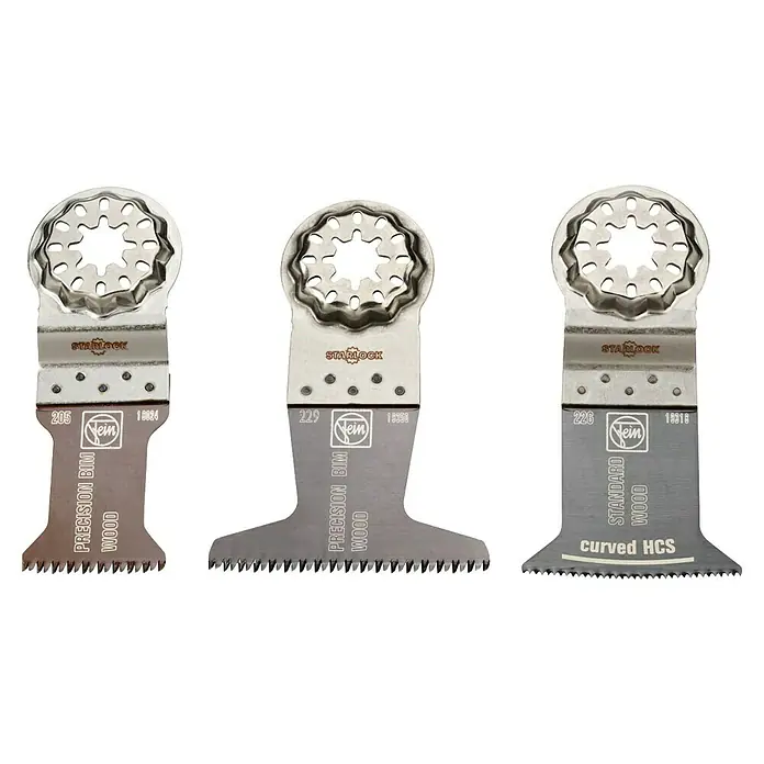Fein Starlock Zubehör-Set E-Cut Combo Starlock Wood - 3 Stk., 3 -tlg. - Drei Fein Oszillationssägeblätter: Präzision BIM Holz, Präzision BIM Holz und Standard Holz, ideal für präzise Holzschnitte.