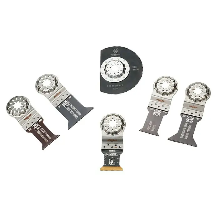 Fein Starlock Zubehör-Set Best of Starlock Metal - 6 Stk., 6 -tlg. - Eine Auswahl an Fein Oszillierwerkzeug-Sägeblättern für verschiedene Materialien wie Holz, Metall und mehr für präzise Schnitte.
