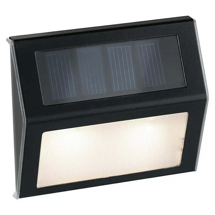 Paulmann Solar-Außenwandleuchte Dayton - 0,05 W, Schwarz, IP44 - Nahaufnahme einer Solar-betriebenen, schwarzen Gartenleuchte mit weißem Licht und Solarpanel.