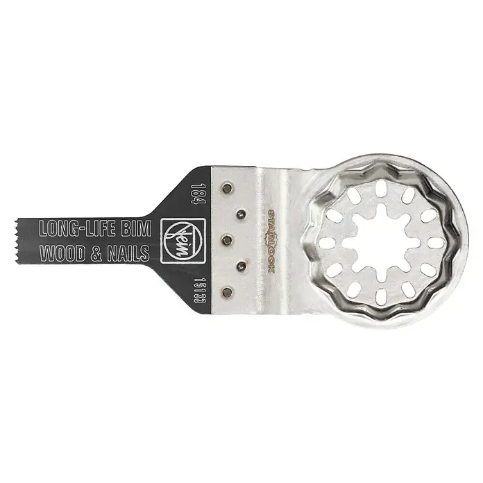 Fein Starlock Sägeblatt Long-Life - 30 x 10 mm, 1 Stk. - Das Bild zeigt ein Fein Starlock Sägeblatt für Holz und Nägel, ideal für langlebige Schnitte. Das BIM-Blatt ist robust und vielseitig einsetzbar.