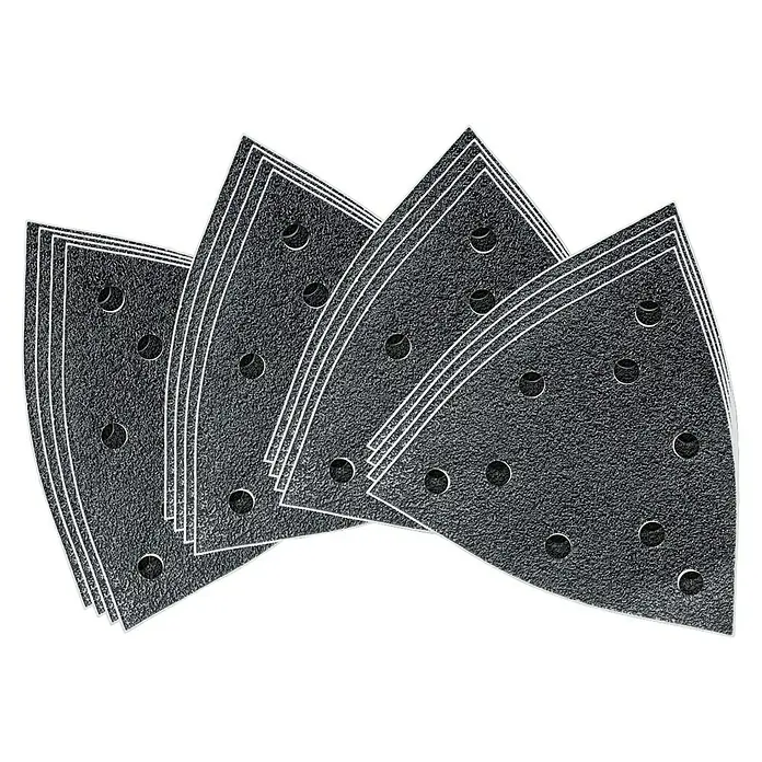 Fein Schleifblatt-Set - 16 Stk., Körnung: 60 mm - 180 mm - Detailansicht von Schleifpapierbögen in dreieckiger Form, ideal für Deltaschleifer, mit Löchern für Staubabsaugung.