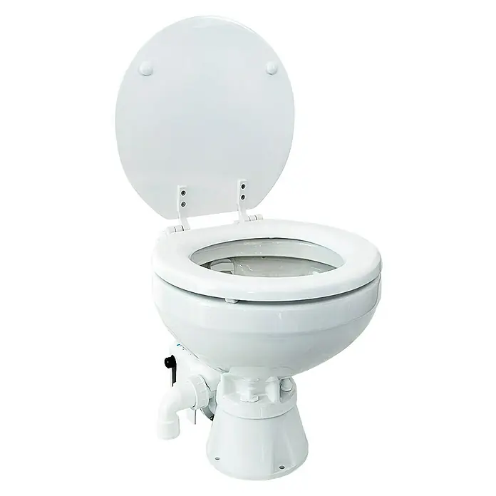 Albin Pump Bordtoilette Standard Electric EVO Kompakt Low 12V - L x B x H: 42 x 33,5 x 39 cm, Keramik - Ein weißes Marine-WC mit offenem Deckel, ideal für Boote und Yachten, das Komfort und Funktionalität vereint.