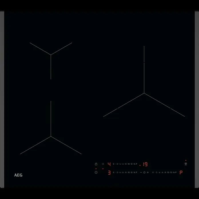 AEG Placa de cocción TO63IV00FB - Número de fogones de inducción: 3 ud. - Esta imagen muestra una placa de inducción AEG con tres zonas de cocción y pantalla digital.