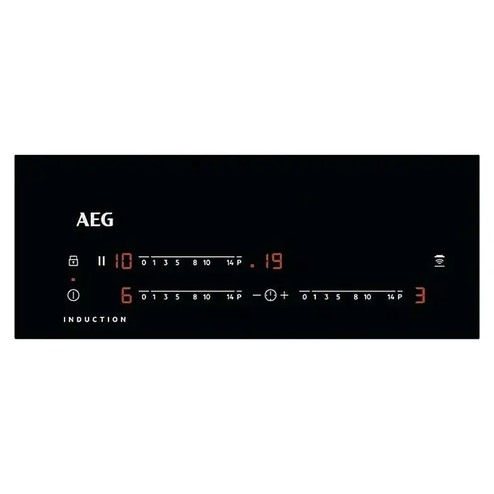 AEG Placa de cocción TO63IV00FB - Número de fogones de inducción: 3 ud. - Primer plano de una placa de inducción AEG que muestra indicadores digitales para los niveles de potencia y ajustes del temporizador.