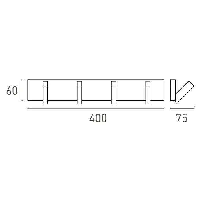 Nesu Perchero 9606 - L x An x Al: 40 x 75 x 6 cm, Madera, Haya/Blanco - Imagen de un perchero con cuatro ganchos y vista lateral, incluidas las dimensiones. Una solución elegante y práctica para el recibidor.