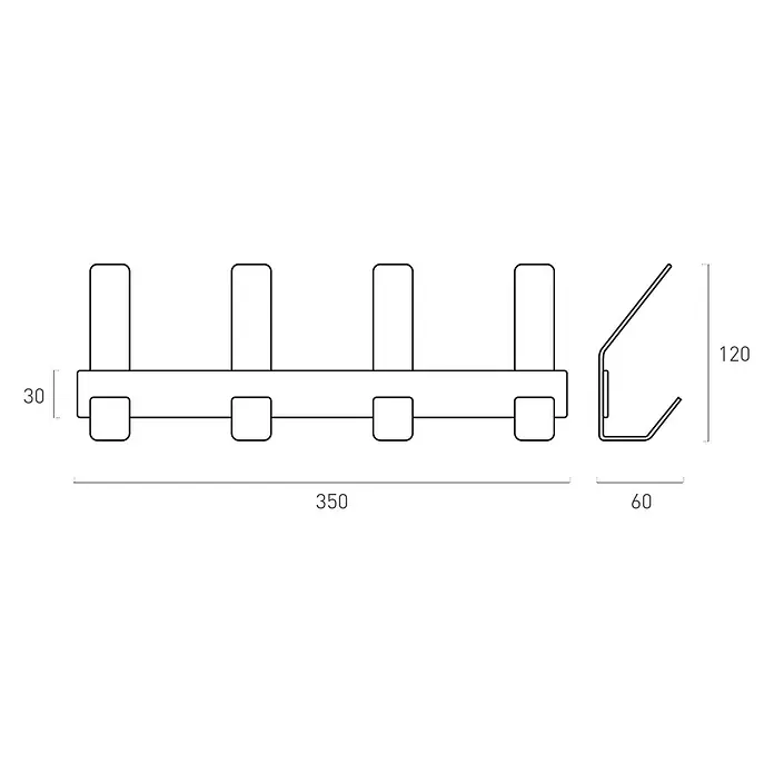Nesu Perchero - L x An x Al: 35 x 12 x 55 cm, Metal, Blanco - Esquema de un perchero de pared con cuatro ganchos y vista lateral del perfil, incluyendo dimensiones.