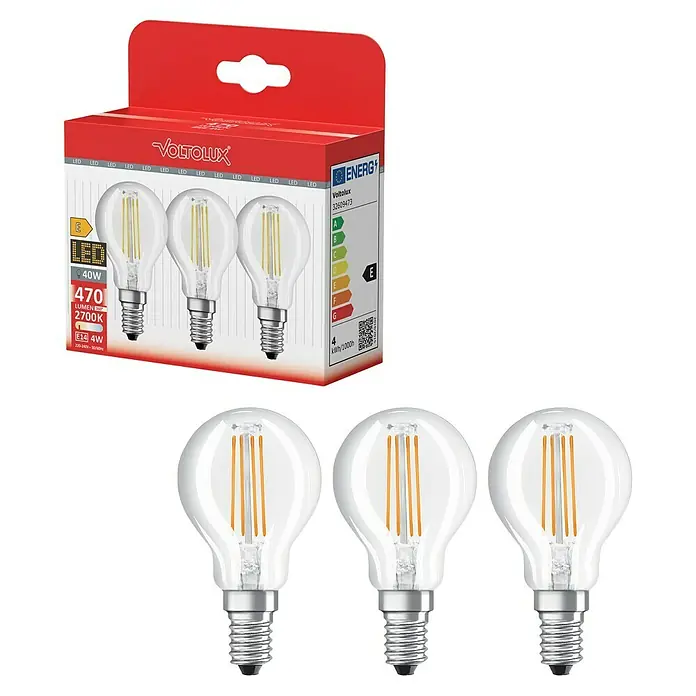 Voltolux LED-Lampen Set - E14, Nicht Dimmbar, Warmweiß, 470 lm, 7 W, 3 Stk., Birne - Eine Packung Voltolux LED-Glühbirnen, die energiesparend sind und ein warmes, einladendes Licht für Ihr Zuhause bieten.