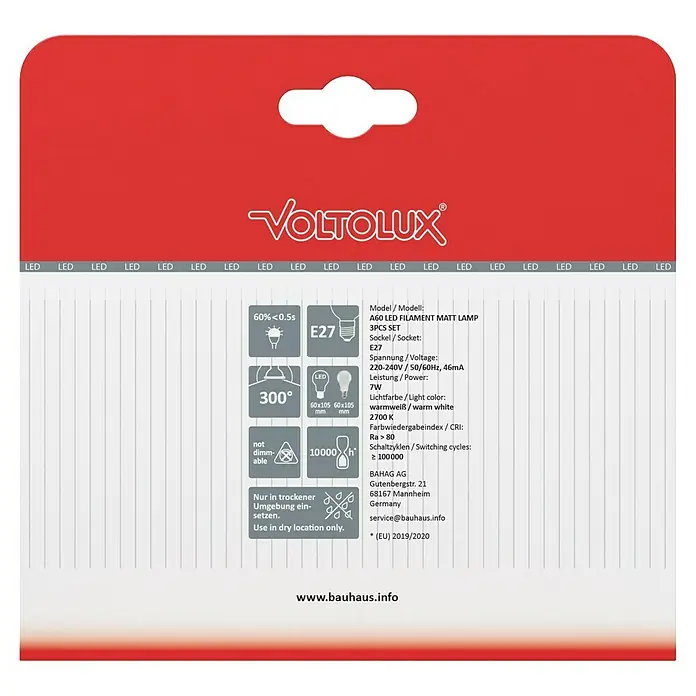 Voltolux LED-Lampen Set - E27, Nicht Dimmbar, Warmweiß, 806 lm, 7 W, 3 Stk., Weiß - Verpackung für ein VOLTOLUX A60 LED Filament Leuchtmittel 3er-Set mit technischen Daten und Hinweisen zur Verwendung.