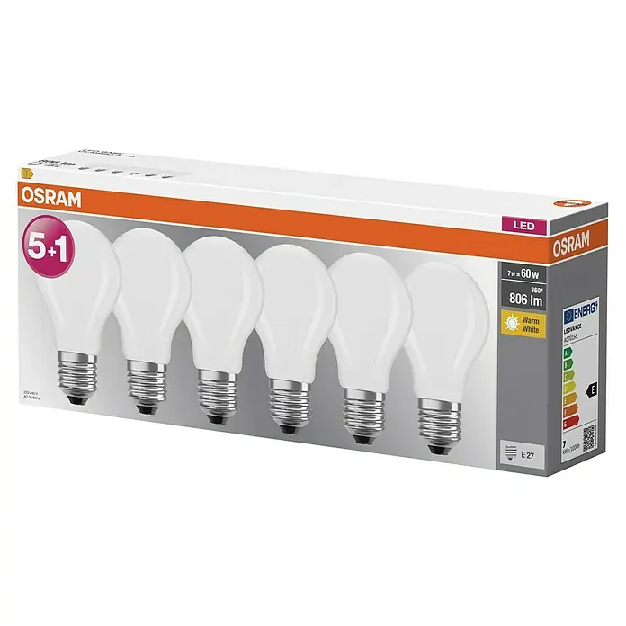 Osram LED-Lampen Set Base Classic - Matt, Nicht Dimmbar, Warmweiß, 806 lm, 7 W, 6 Stk. - Eine Packung Osram LED-Lampen (5+1) mit E27 Sockel, 7W Leistung, 806 Lumen und warmweißem Licht für eine angenehme Atmosphäre.