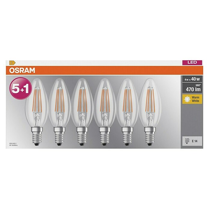 Osram Star Set LED žarulja Classic B 40 – set od 6 komada  (E14, Bez prigušivanja, Topla bijela, 470 lm, 4 W, 6 Kom.) | BAUHAUS
