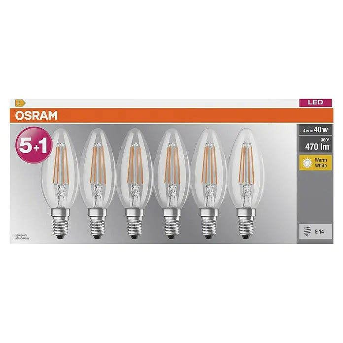 Osram Star LED-Lampen Set - E14, Nicht Dimmbar, Warmweiß, 470 lm, 4 W, 6 Stk. - Abbildung einer Packung OSRAM LED-Glühbirnen (5+1). Energiesparende LED-Lampen mit warmweißem Licht und E14-Sockel, ideal für stimmungsvolle Beleuchtung.