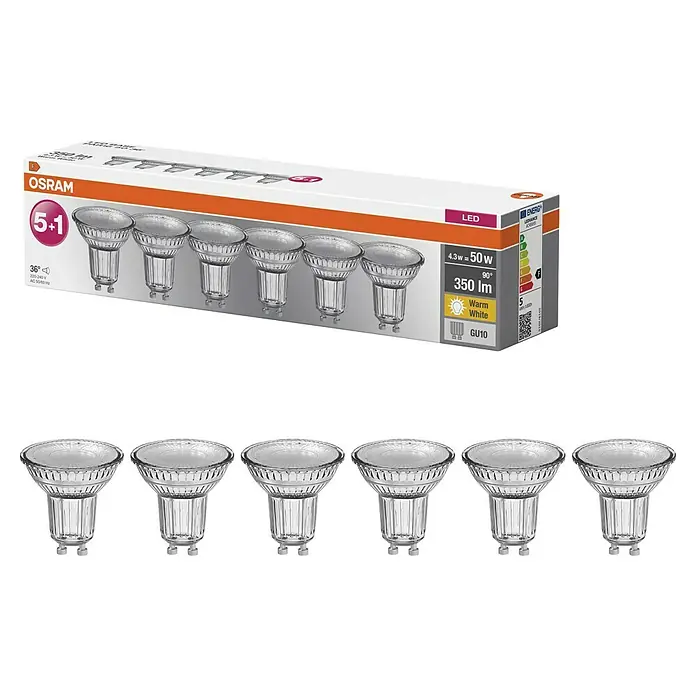 Osram Star LED-Lampen Set - GU10, Nicht Dimmbar, Warmweiß, 350 lm, 4,3 W, 6 Stk. - LED-Lampen-Set von Osram (5+1) mit warmweißem Licht, 350 Lumen, 4.3W entspricht 50W, GU10 Fassung für stimmungsvolle Beleuchtung.