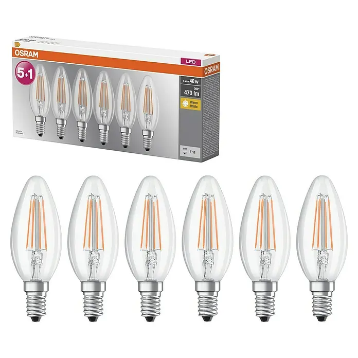 Osram Star LED-Lampen Set - E14, Nicht Dimmbar, Warmweiß, 470 lm, 4 W, 6 Stk. - Ein 5+1 Pack Osram LED-Leuchtmittel, Kerzenform mit E14 Sockel. Die Lampen sind dimmbar und strahlen warmweißes Licht aus, ideal für Wohnräume.