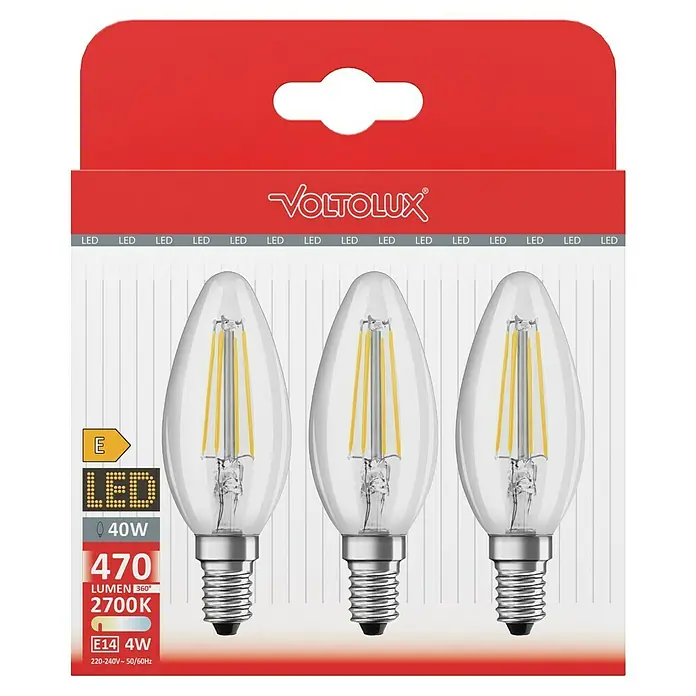 Voltolux LED-Lampen Set - E14, Nicht Dimmbar, Warmweiß, 470 lm, 7 W, 3 Stk., Kerze - Eine Packung Voltolux LED-Kerzenlampen E14 mit 4W, 470 Lumen und 2700K Farbtemperatur.