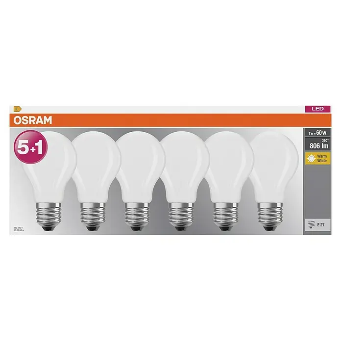 Osram LED-Lampen Set Base Classic - Matt, Nicht Dimmbar, Warmweiß, 806 lm, 7 W, 6 Stk. - LED-Glühbirnen von Osram im 6er-Pack (5+1 gratis), 7W, 806 Lumen, warmweiß, E27-Sockel. Energiesparend und langlebig.